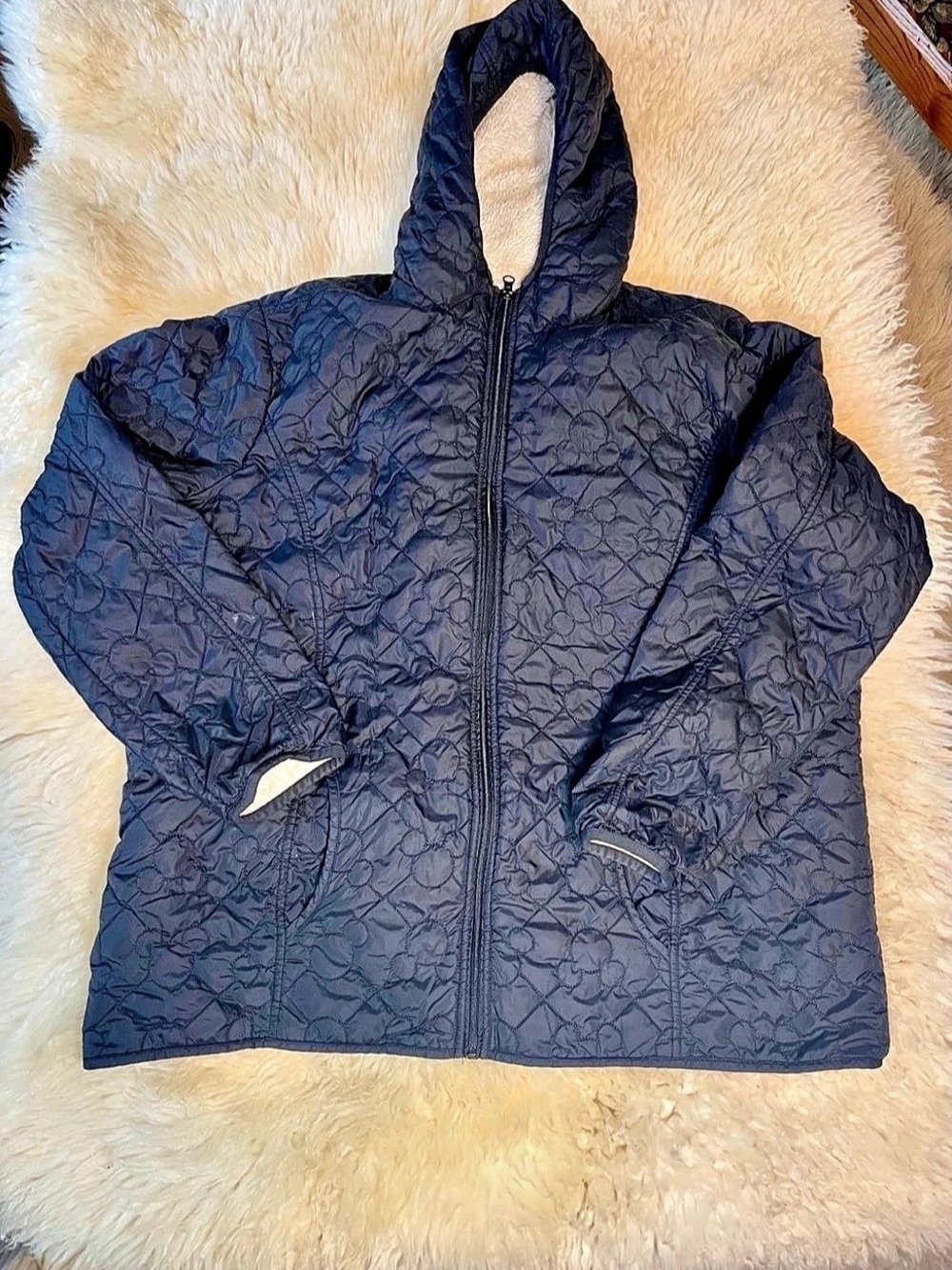 Disney Parks Mickey Mouse Hooded Sherpa Lined Quilted Jacket Womens Sz 1X Black